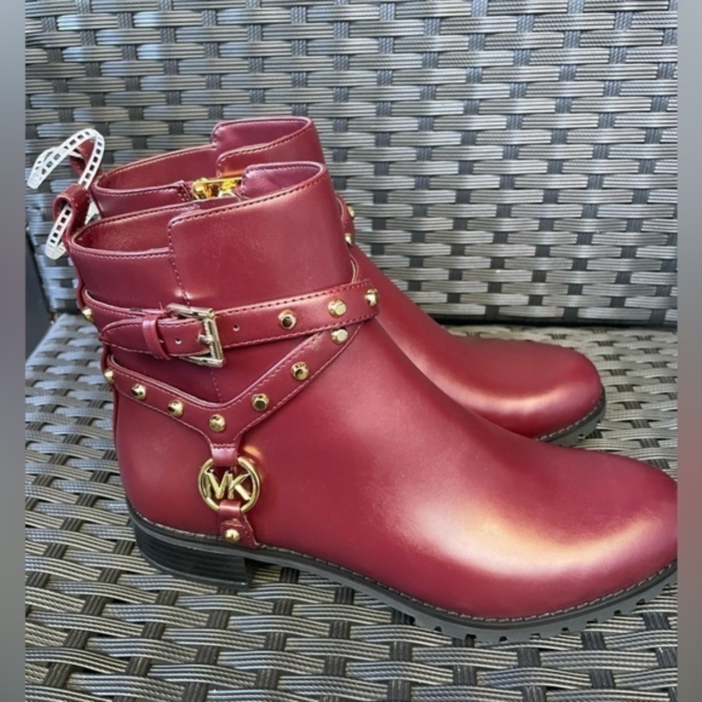 MICHAEL KORS BOOTS,Michael Kors Burgundy Ankle Boots with Gold Details - Picture 2 of 15